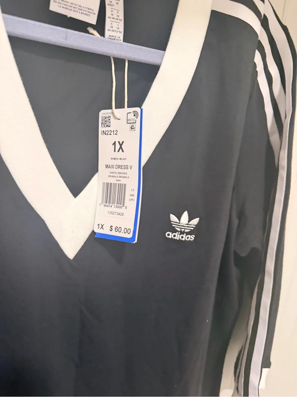 adidas Black V-Neck Maxi Dress with White Stripe Detail - Picture 7 of 7